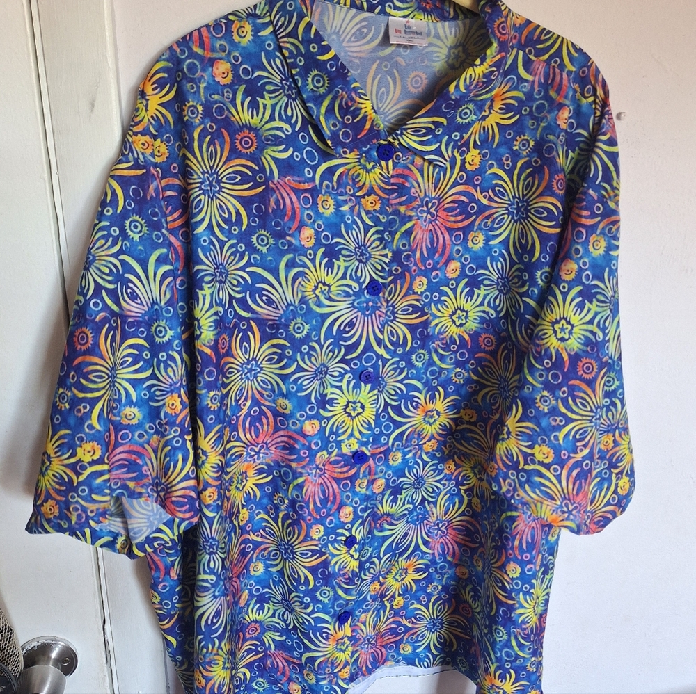LA LEELA Colorful Floral Tie Dye Festival Button Front Top XXL